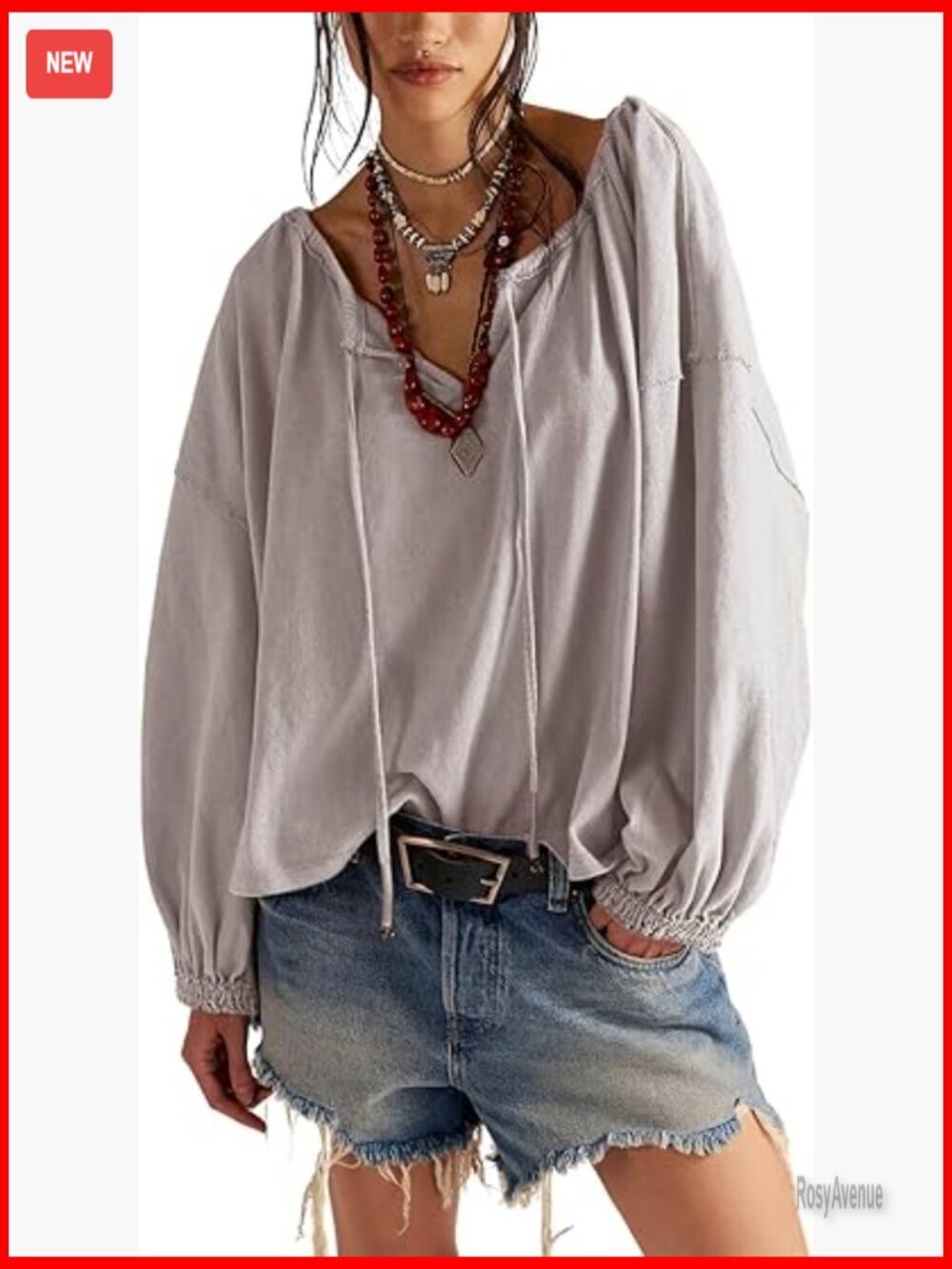 Tie Neck Blouse Balloon Sleeve Loose Fit Casual Top
